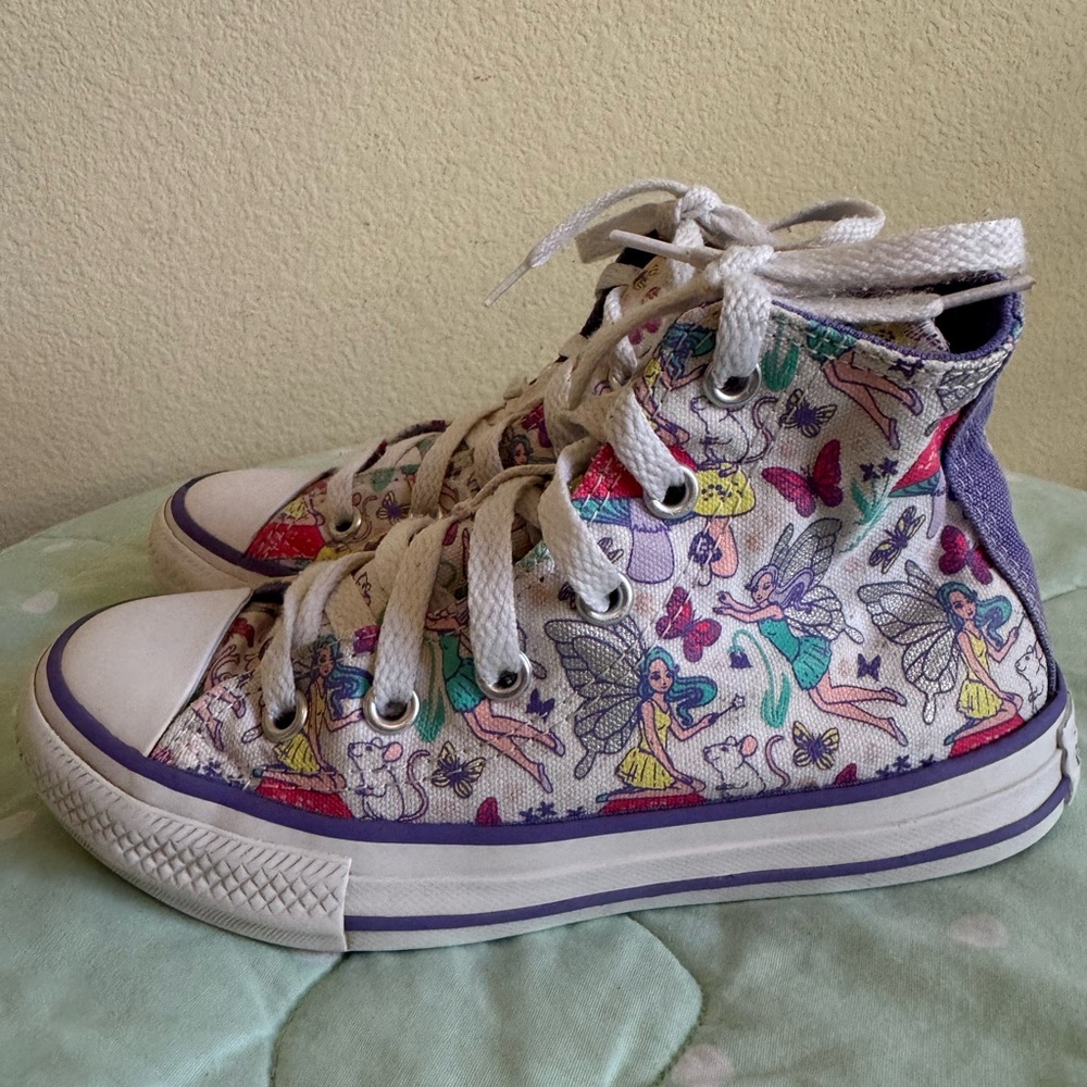 Converse High Top Fairy Pattern Sneakers with Purple and White Kids Size 12
